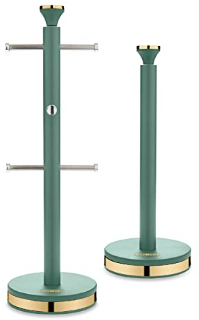 Tower T826135JDE Cavaletto Mug Tree and Towel Pole Set with Anti-Slip Base, Jade Green and Champagne Gold