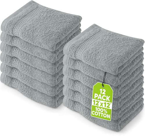 Utopia Towels 12 Pack Premium Wash Cloths Set, 12 by 12 Inches, 100% Cotton Ring Spun, Highly Absorbent and Soft Feel Essential Washcloths for Bathroom, Spa, Gym, and Face, Cool Grey