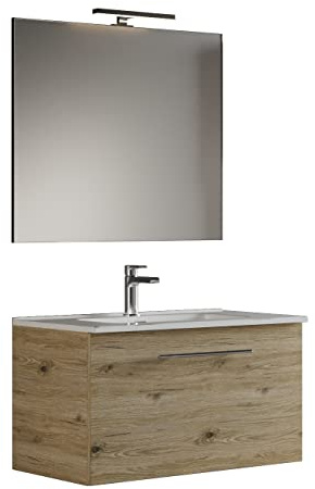 Mama Store GEA1 60 - Mobile Bagno Sospeso 60 CM monocassettone Quercia Naturale con Lavabo, Specchio e Lampada LED, L.62 X P.46 X H.45 cm, Large