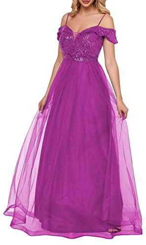 HPPEE Vestido de invitada de boda, sin mangas, tirantes delgados, hombros descubiertos, elegante, longitud hasta el suelo, vestidos de dama de honor para jóvenes, fucsia, 46