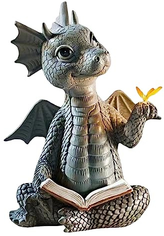 Obelunrp Estatuas de dragón, 10 cm/3.9 Pulgadas de Lectura de Resina Escultura Dragon con Mariposa, Figuras Decorativas de jardín Resistente a Clima