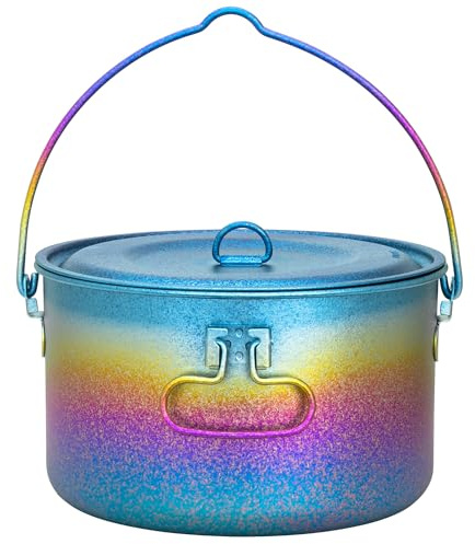 TiTo Titanium 1950ml Outdoor Titanium Pot with Lid Folding Bail Handle Ultralight Portable Kitchen Cookware Hanging ​Pot for Camping Hiking Picnic Backpacking Soup Pot (Ice Colorful)