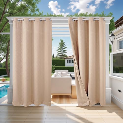 ele ELEOPTION Cortinas de Exterior, Resistentes al Agua, Protección UV, Cortina Exterior con Ojales, Cortina Opaca para Jardín, Patio, Balcón, Beige 1 3D Textured, 1 Trozo / 132 X 213cm