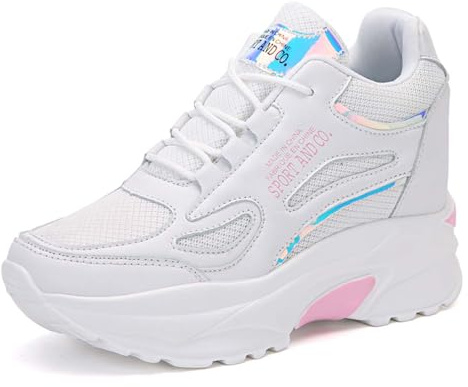 MIXSEN Baskets Compensées Femmes Chaussure de Course Marche Sport Tennis Légères Respirante Basses Compensées Talon 8 cm Sneakers(Blanc-Rose,40EU)