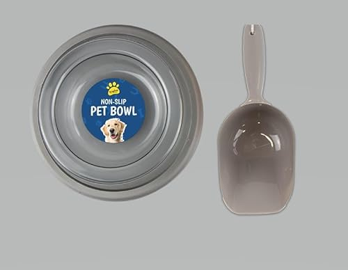 Hundskål med husdjursmatskopa matningsskålar för hundar katter kanin hamstervalpar färgad transparent plast huvudsektion med halkfri gummiring runt basen (1 skål och 1 skopa set) (grå)