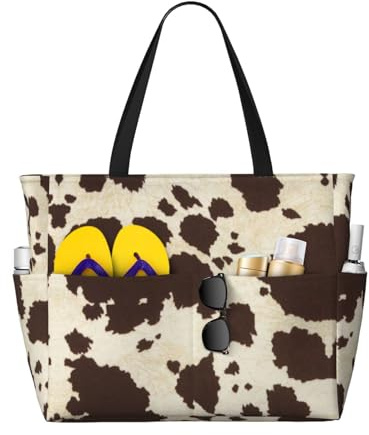 Zhengjia Strand-Reisetasche mit Kuhfell-Druck, große Kapazität, wasserdicht, Strandtasche mit Reißverschluss und Tasche, Tragetaschen für Reisen, Einkaufen, Pool, Kuhfell-Aufdruck, Einheitsgröße