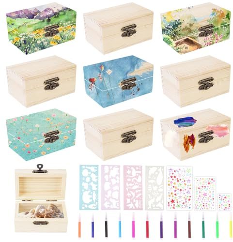POFIBO Mini Schatztruhe - 10 Stück Kleine Holzkiste mit Aufkleber, Aquarellstifte, Schablonen Malen, Schatztruhe Kindergeburtstag, 9x5.5x5cm Schatzkiste für DIY Kunsthandwerk und Party Favor