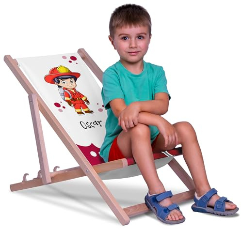DreamRoots Kinderliegestuhl personalisiert Gr. S, Fireman | faltbarer Kinderliegestuhl, Outdoor, für Garten, Camping & Strand, bis 30 kg, waschbarer Bezug, 100% Polyester