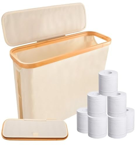 28L Toilettenpapier Aufbewahrung, Faltbarer Klopapier Aufbewahrung Box mit Deckel Badezimmer Organizer Klopapier Aufbewahrung für 12 WC Rollen, 43,5×14,5×35 cm (Beige)