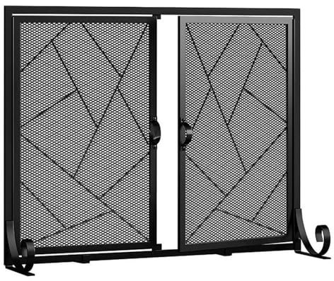 Cenz-888 Grille Pare-étincelles pour fournaise Pare-feu à Double Porte Pare-feu avec Portes battantes Cadre en Fonte Garniture en Maille métallique Durable Noir Pare-étincelles autoportant