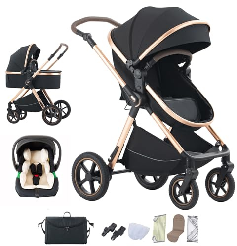 Mobayta Passeggino 3 in 1 neonati fino a 22KG passeggino compatto con maniglia regolabile passeggino cittadino Alluminio con paesaggio elevato combinazione passeggino trio (D2-BLACK, H2-D)
