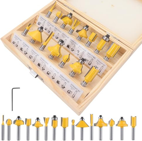 Yuhtech Set di 15 punte per router, con gambo da 1/4 di pollice, con punta in carburo di tungsteno, kit di utensili per la lavorazione del legno, con scatola di legno, fresa per progetti di