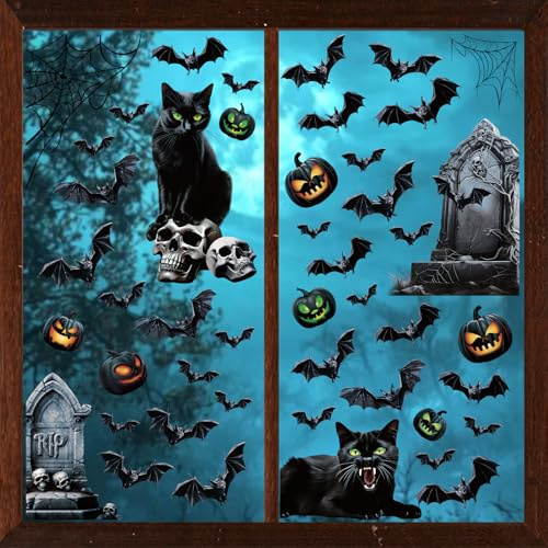SULOLI 8 Stück Halloween Fensterbilder,Selbstklebend Fensterdeko,3D Halloweensaufkleber mit Katze,Halloween Fenstersticker