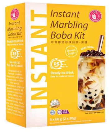 Kit Bubble Tea Azúcar Moreno 4 servicios; té de burbujas taiwanés en casa con perlas de tapioca y sirope caramelizado; listo en 15 s