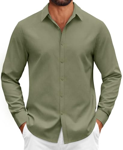 COOFANDY Chemise Homme Décontractée à Manches Longues en Coton Extensible Style Costume d'affaires Formel Vert Armée XL
