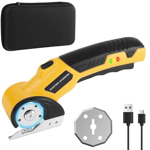 Ciseaux electrique tissu couture, SOARFLY coupe carton électrique 4V avec 2 lames auto-affûtantes cutter rotatif ciseaux electrique avec verrou de sécurité, découpe précise du carton, tissu (Jaune)