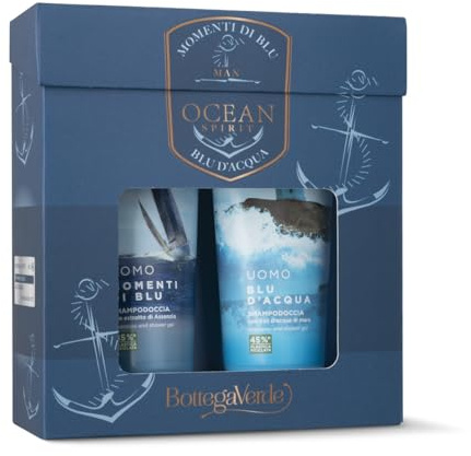 Bottega Verde - Cofanetto Regalo Uomo, con Blu d’Acqua Shampodoccia 200 ml e Momenti di Blu Shampodoccia 200 ml, Freschezza Marina, Idea Regalo per Lui
