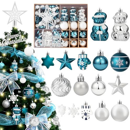 Charmofun Lot de 70 Boule de Noel, Décoration Noel Sapin avec LED, Boules de Noël en Plastique Incassable pour Decoration Noel Extérieur ou Intérieure (Argent Bleu et Blanc)