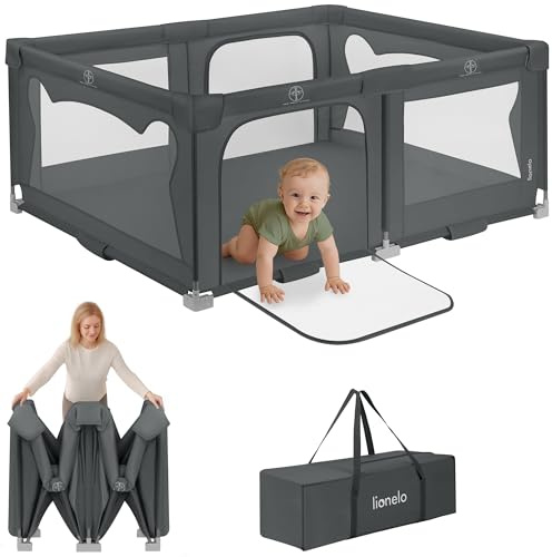 LIONELO Florence Easy Fold Stor Hopfällbar Lekhage för Baby (0–48 månader), 150×180 cm, 2 Sidodörrar med Dragkedja, Ventilerande Nätväggar, Stabil Konstruktion, Inkluderar Bärväska, Grå