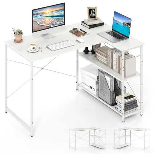 COSTWAY L-format skrivbord, vändbart hörnskrivbord med justerbar hylla och metallram, compuerbord av trä, kontorsbord hörnbord för hem och kontor, 118 x 86 x 74 cm (vit)