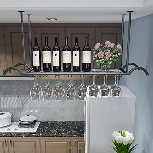 Portabicchieri da vino da soffitto, in metallo, con supporto per bicchieri e bottiglie, perfetto per sala da pranzo, soggiorno e caffetteria, soluzione elegante e salvaspazio