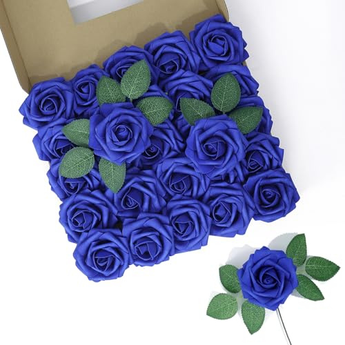 LEUCHTAMOR 25 st konstgjorda rosor blommor kungsblå falska rosor äkta beröring skum roshuvuden för bröllop brudbuketter bordsuppsatser blomsterarrangemang fest heminredning
