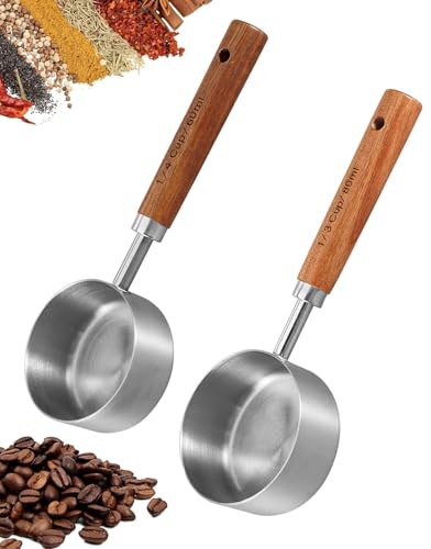 HUVZOR 2Pcs Cuchara medidora de café, retro, plata, cuchara dosificadora de acero inoxidable, cuchara dosificadora con mango de madera de nogal, perfecto para café y té,60/80ml
