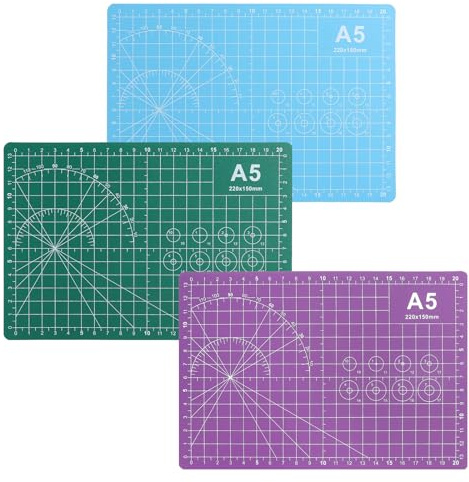 3 Stück Schneidematte A5 Selbstheilend Doppelseitig Bastelunterlage Schnittfest Selbstheilende Schneidunterlage Bastelmatte Cutting Mat Basteln Schnittmatte Nähen Zeichenunterlage (Blau Grün Lila)