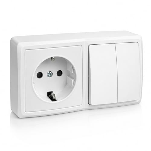 Base Schuko con Interruptor Doble de Superficie, Enchufe con Interruptor para Montaje en Pared, Toma de Corriente para Interior, 16A, 250V, Máx. 3680W, Ideal para Uso Doméstico y Comercial, Blanco