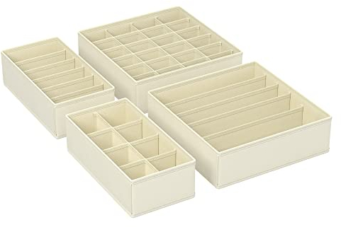 SONGMICS Juego de 4 Organizadores para Cajones de Ropa Interior, Divisores de Cajones, Plegables, para Sujetadores, Calcetines, Corbatas, Cajas de Tela para Armario, Beige RUS04M