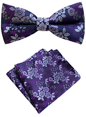 Vorgebundene Fliege für Herren, luxuriöses Blumenmuster, Hochzeitsfliegen mit Einstecktuch, Violett, Einheitsgröße