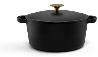 Milo by Kana 3.5-quart Enameled Cast Iron Dutch Oven with Lid | Premium Casserole Cooking Pot | Enamel Coating Inside and Out | Oven Safe and Dishwasher Friendly (Black with Gold Knob)