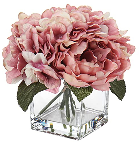Briful Fleurs Artificielles en Pot de Verre - Faux Fleurs d'Hortensia Fleurs de Pivoine en Soie Artificielles dans l'eau Acrylique pour Bureau Salle de Bain Cuisine Décoration - Rose