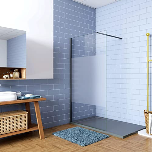 Doccia Walk In 85x200cm Parete Fissa in Vetro Temperato Anti-frantumi Anticalcare da 8 mm Striscia Opaca Centrale Barra Stabilizzatrice 90 cm Nero Opaco