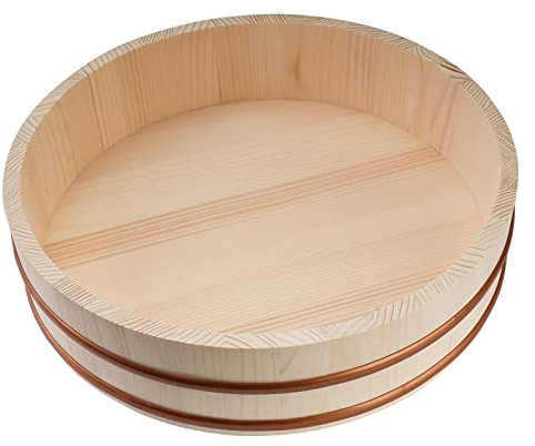 Adima Japanese Wooden Rice Mixing Bowl Sushi Oke Rice Barrel Hangiri Sushi Rice Mixing Tub Copper Bands White Pine Wood for Sushi Restaurant Home Kitchen,27x7.5cm