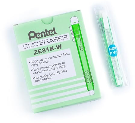 Pentel Clic Eraser ZE81 Radierer, rechteckig, nachfüllbar, Korpus hellgrün, transparent, 12 Stück