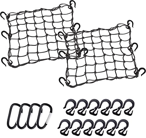 Thewinio Cargo Net 15x15 Stretches to 30x30 with Thicken Hooks | Natural Latex Core, Tight 2”x2” Mesh Small Heavy Duty Bungee Net for Motorcycle Helmet, Bike, ATV, UTV, Luggage (Black, 2 Pack)