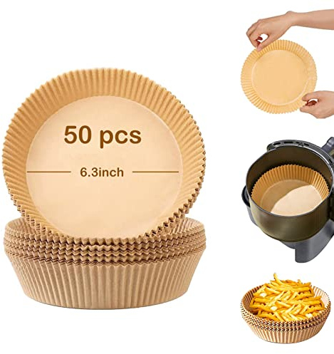 Papel Air Fryer redondo, 50 piezas de 16 cm para freidora de aire | Celulosa natural, borde elevado de 4,5 cm de altura, resistente al aceite y a la humedad, hasta 220 °C, para horno
