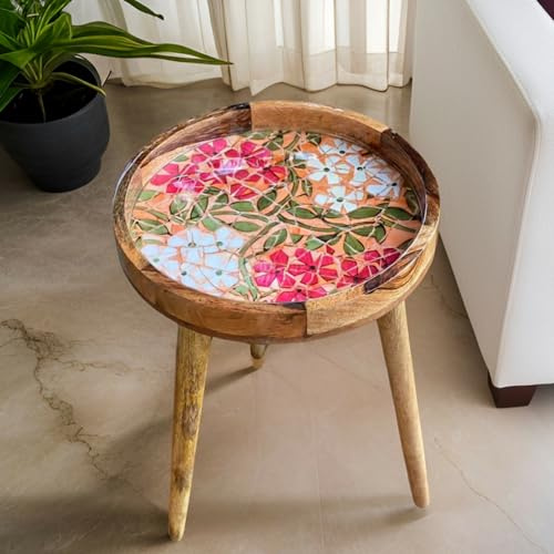 Hartsmede Mango Wood Side Table 38cm – Handmade Accent with Resin-Coated Enamel Top, Detachable Legs, Lightweight Round Coffee End or Bedside Table for Living Room or Bedroom (Mosaic 18)
