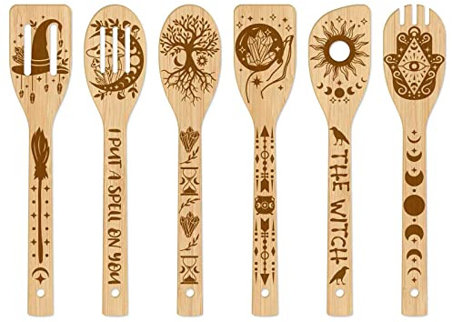 GLOBLELAND 6 Stück Wahrsagen Bambus Kochutensilien Hexe Holzgravur Kochlöffel Set Gravur Schnitzerei Küche Bambus Spatel Set Für Küche Housewarming Geschenk Mutter Freundin Frauen