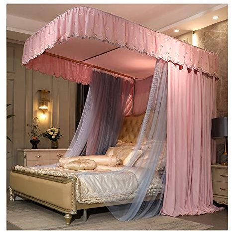 BUJOG 4-Eckpfosten-Prinzessin-Bettvorhang-Baldachin für Mädchenbettdekoration, 3 Öffnungen, Moskitonetz für Kingsize-Bett und großes Queensize-Bett, mit U-förmiger Halterung (Größe: 180 x 220 x 21