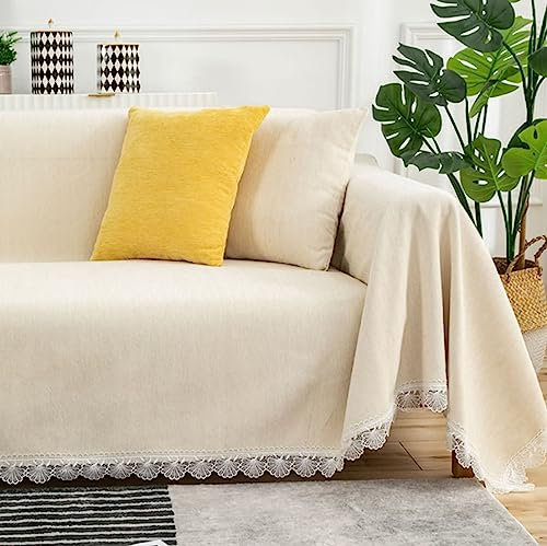 Homxi Sofahusse 2-Sitzer,180x260CM,Sofabezug Universal Einfarbig mit Spitze Couch Überzug Chenille Sofa-Handtuch Beige Weiß Couch Überzug Universal