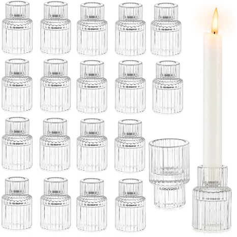 Glasseam Klar Kerzenständer Stabkerzen, 20er Set Kleine Kerzenhalter Glas, Gerippt Stabkerzenhalter für Hochzeit Tisch, Modern Kerzenhalter Weihnachten Kerzen Ständer für Haus Outdoor Garten Party