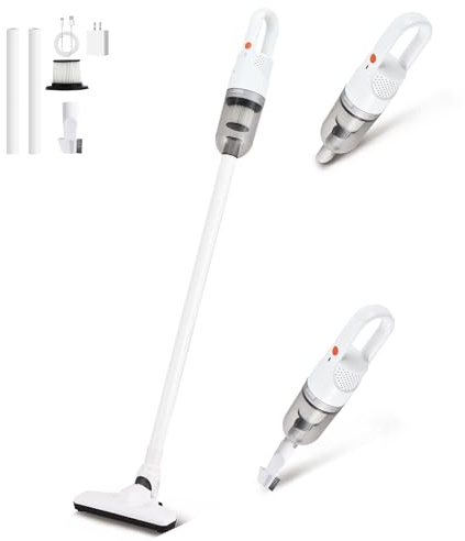 SIPPON 6-in-1 Lightweight Stick Vacuum Cleaner with 100W Powerful Motor, Mini Portable Household Handheld Vacuum Cleaner for Domestic Hard Floors, Carpets and Pet Hair (White Cordless with Plug)