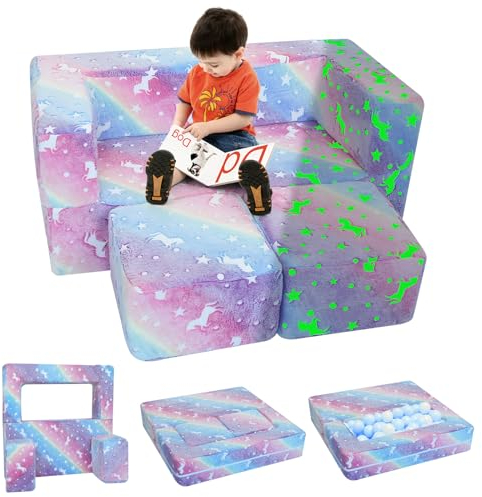 MeMoreCool Kindersofa Spielsofa, Schaumstoff Bausteine, Couch Ausklappbar Im Dunkeln leuchtende, Schlafzimmermöbel, Modulare Mini Sofa für Spielzimmer, Softbausteine für Kuschelecke Kinderzimmer