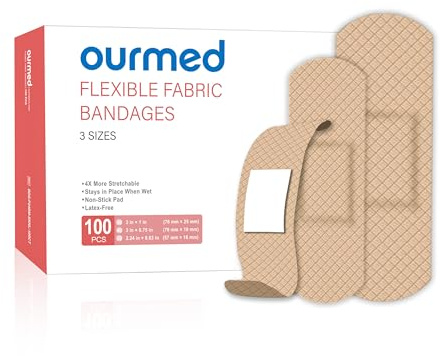Ourmed Flexible Fabric Adhesive Bandages, 100 Count, Latex Free First Aid Bandage with Non-Stick Pad for Wound Care, Cuts, Scrapes, Blisters, Assorted Sizes