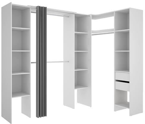 DEKIT GRUPO RIMOBEL SUIT - Composizione di Cabina Armadio angolare con due colonne, zona con barre appendiabiti e tenda – Bianco – 205 x 184-234 x 141 cm