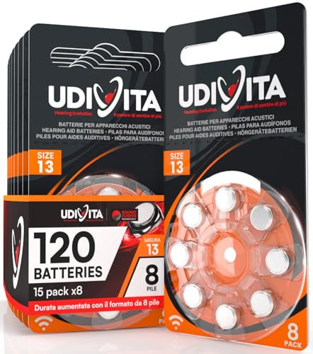 120 Batterie Per Apparecchi Acustici Udivita Auricolari Misura 13 PR48 (Arancioni) Tecnologia Phono Pulse - 15 Blister da 8 Pile