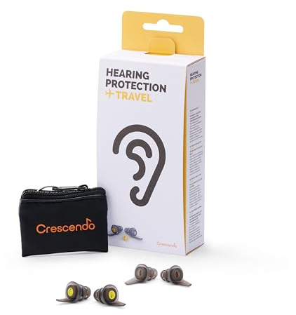 Crescendo Viajes | Tapones para los oídos para viajar | Filtros Membrane® patentados | Reducción de ruido de 15 dB | Ayuda a prevenir la fatiga del motor y el ruido de la cabina para viajeros de