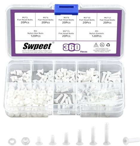 Swpeet 360 Tornillos De Cabeza Plana Phillips De Nailón Blanco M3 De 6 Tamaños Con Tuercas Y Juntas, Tornillos De Máquina De Nailón Roscado, Longitud 5/6/8/10/12/15 Mm